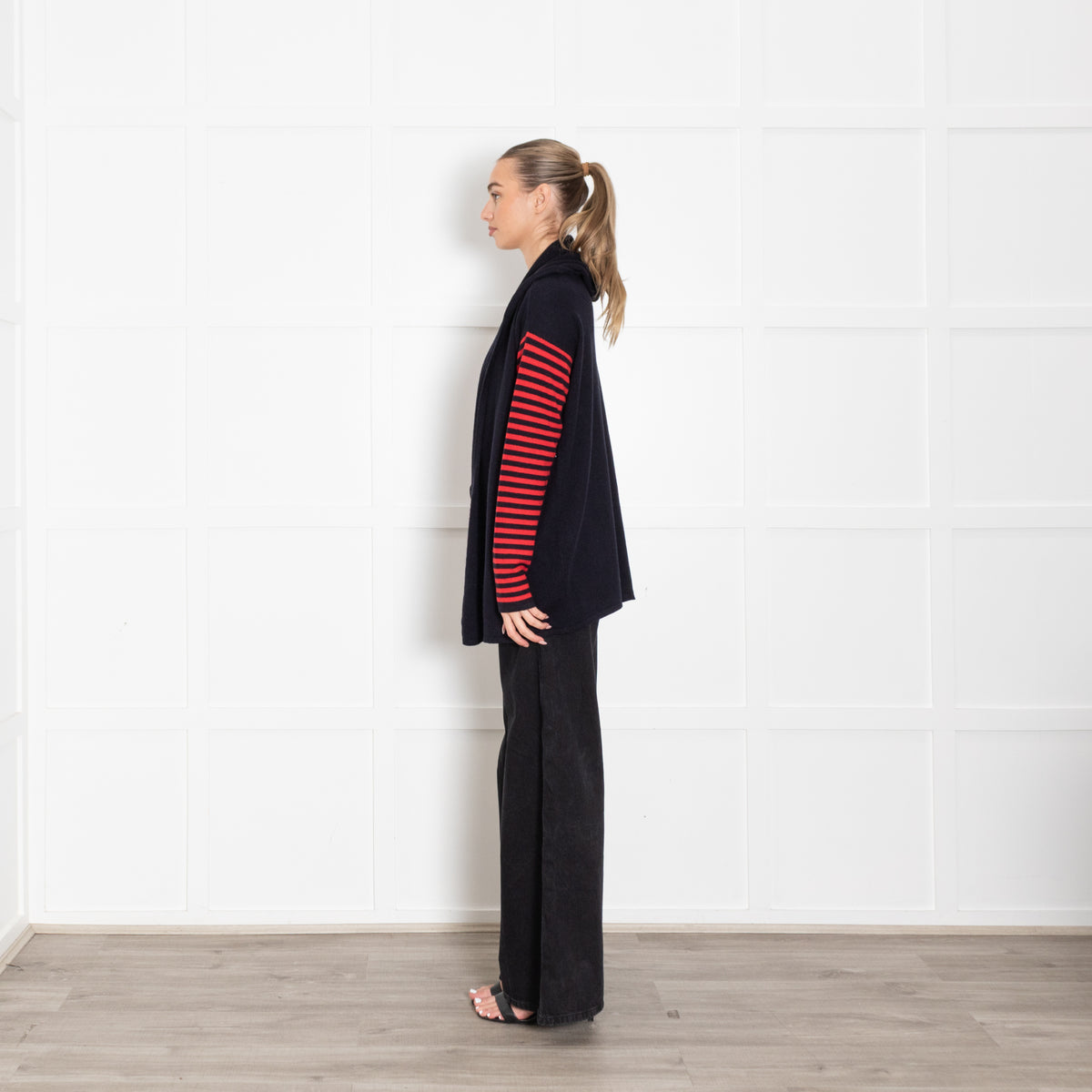 CHINTI & PARKER Navy Blue Cashmere Cardigan With Hood And Red Striped Sleeve