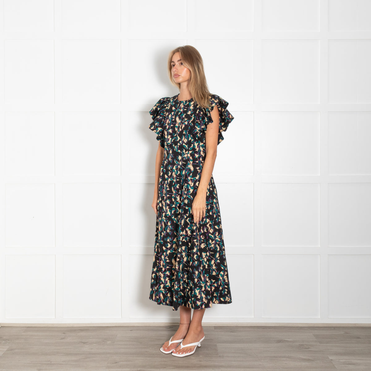 Ulla Johnson Black Beige Teal Floral Frill Trim Maxi Dress