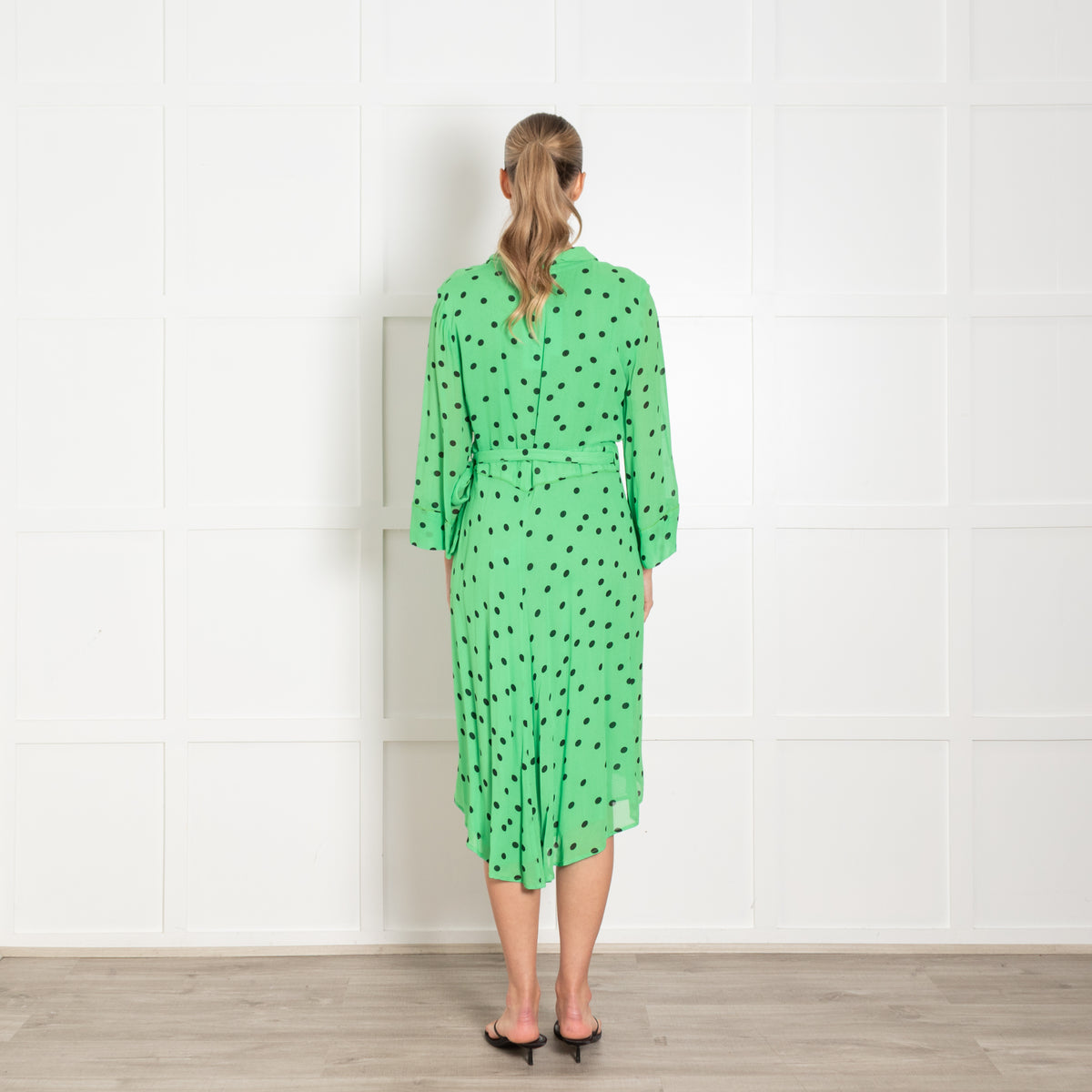 Ganni Green Black Polka Dot Wrap Dress