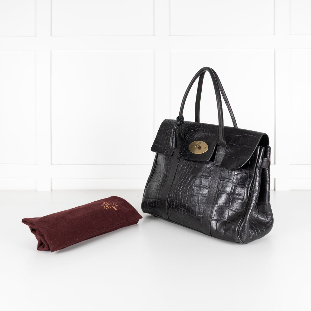 Mulberry Black Moc Croc Bayswater Top Handle Bag