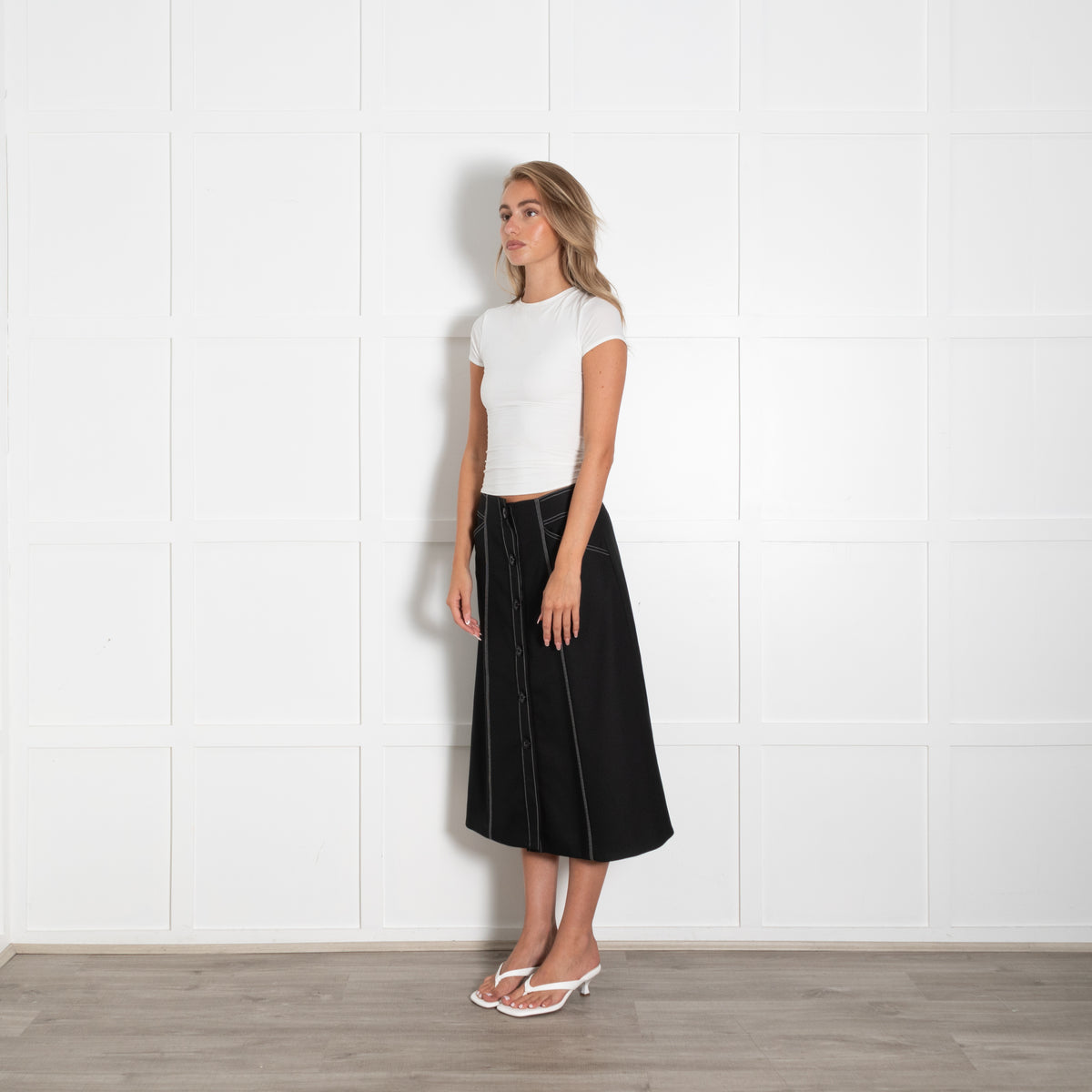 Dorothy Schumacher Black A Line Button Front Skirt With White Stitching