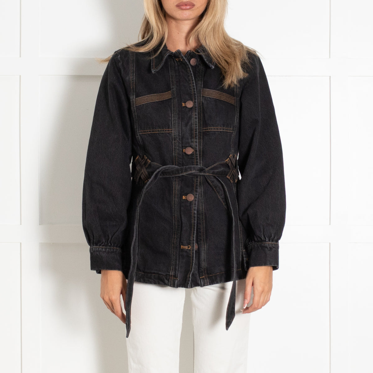 Seventy & Mochi Black Denim Belted Utility Jacket With Chest Patches