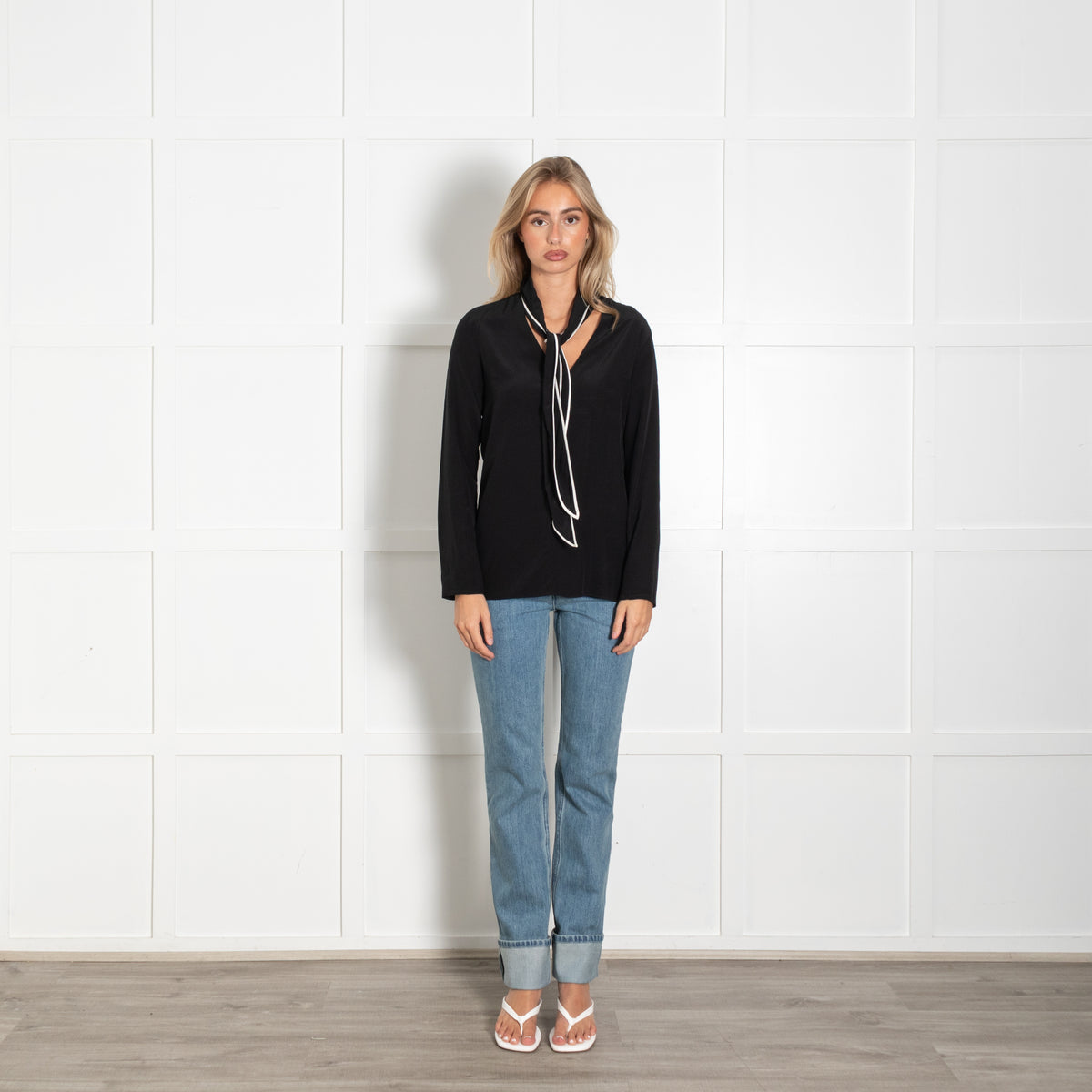 Sandro Black White Trim Tie Neck Silk Top