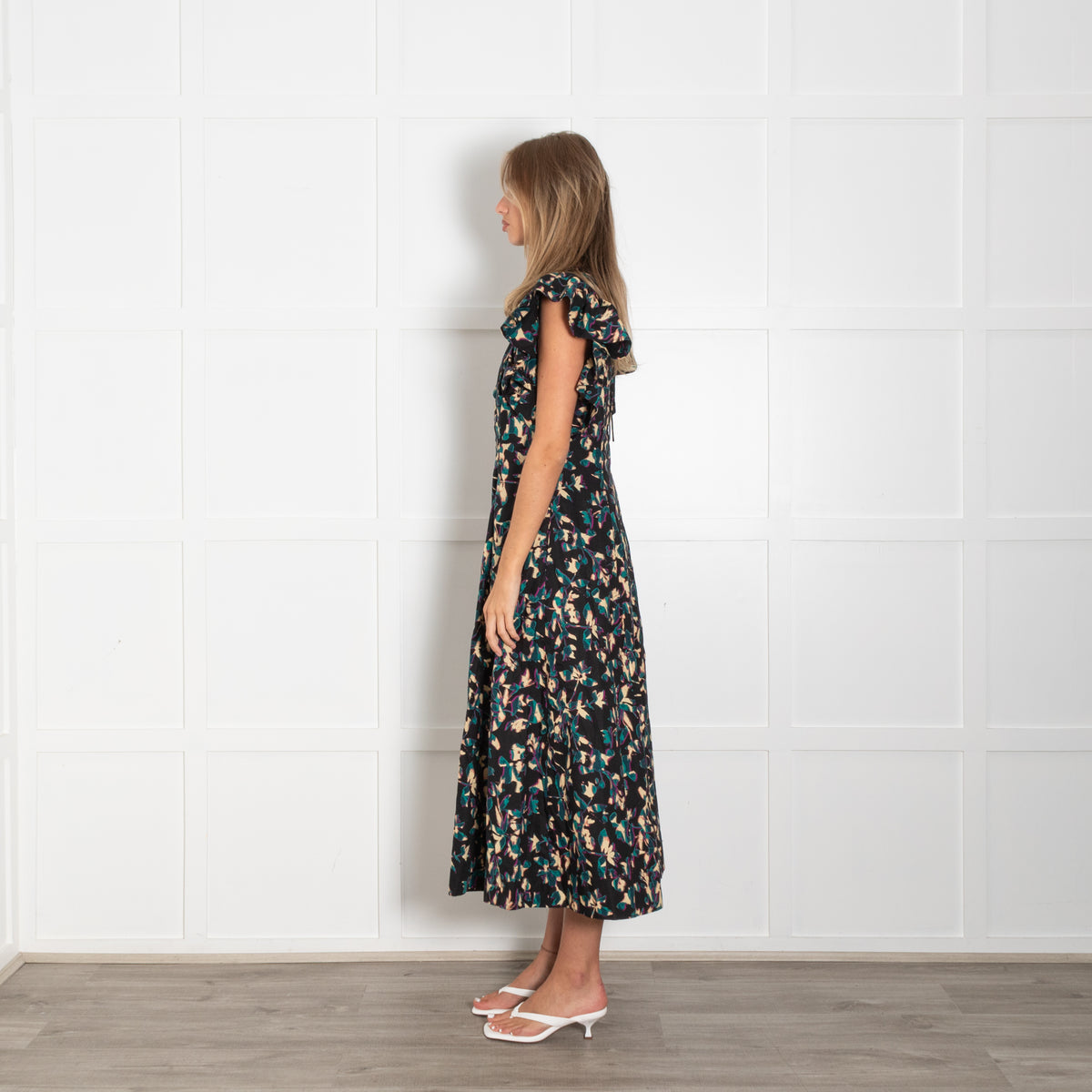 Ulla Johnson Black Beige Teal Floral Frill Trim Maxi Dress