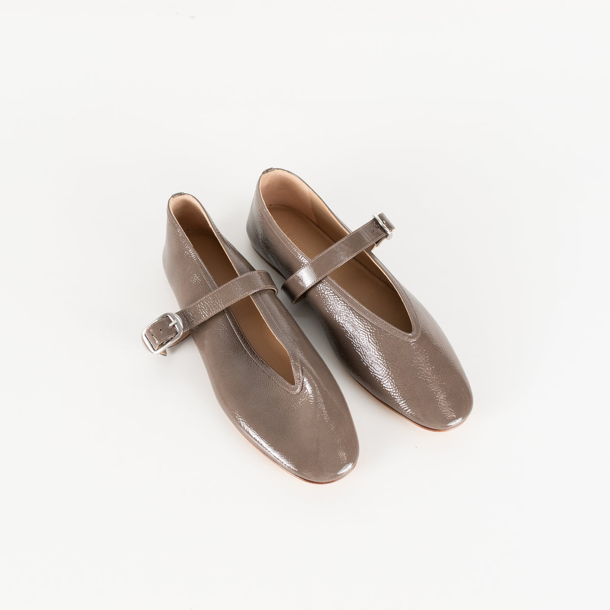 Le Monde Beryl Taupe Patent Leather Stella Slipper With Buckle Strap