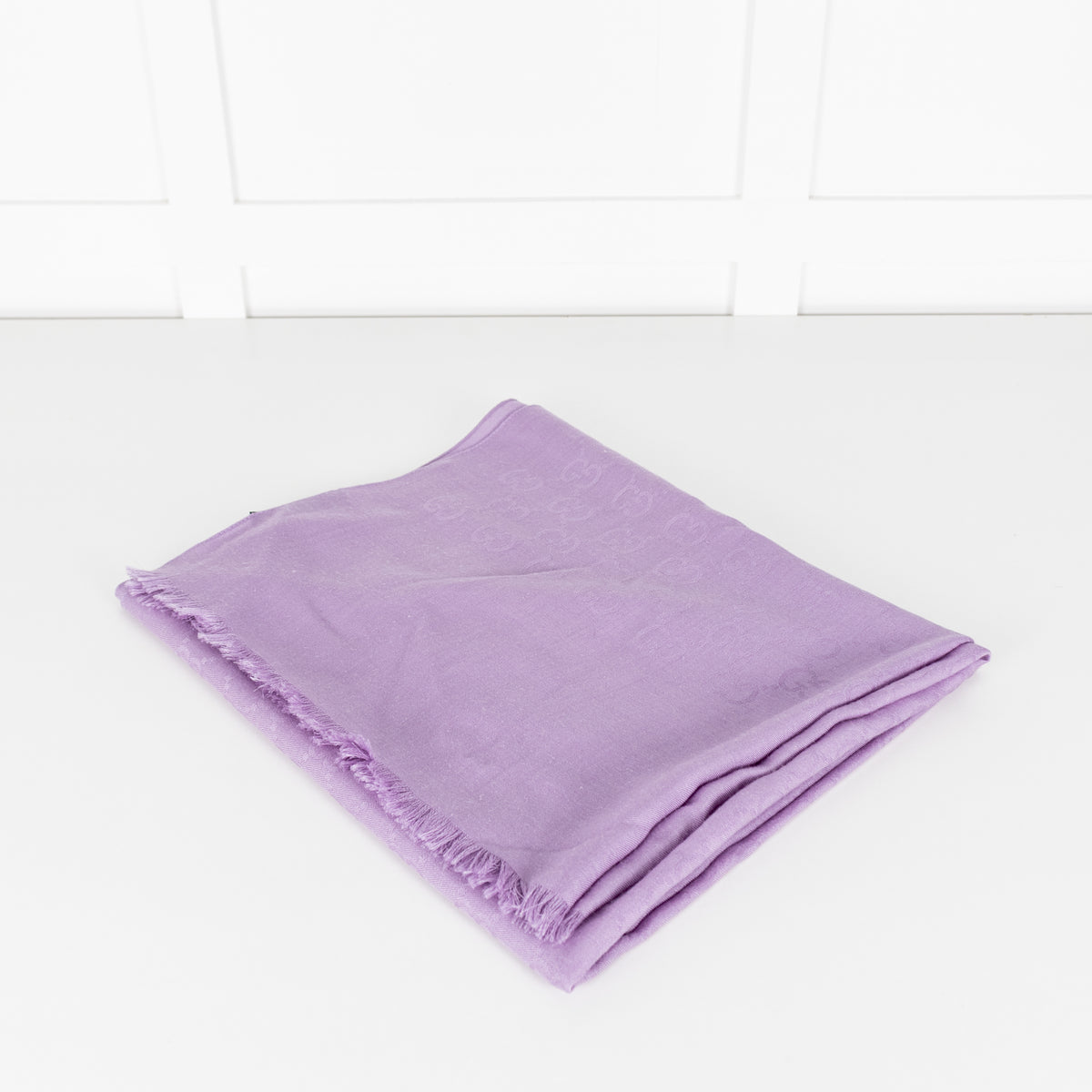 Gucci Lilac Monogrammed Wool and Silk Fringed Scarf