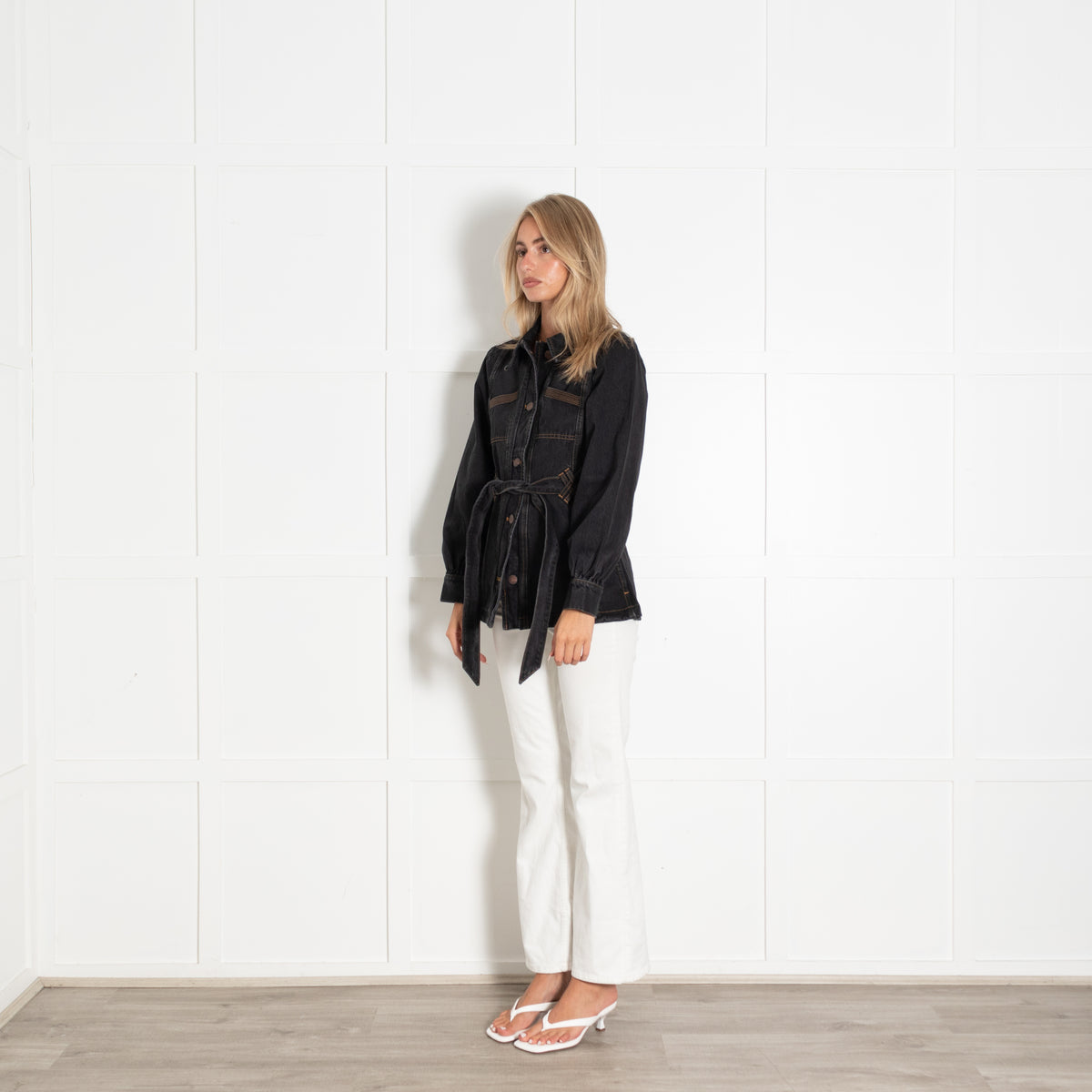 Seventy & Mochi Black Denim Belted Utility Jacket With Chest Patches