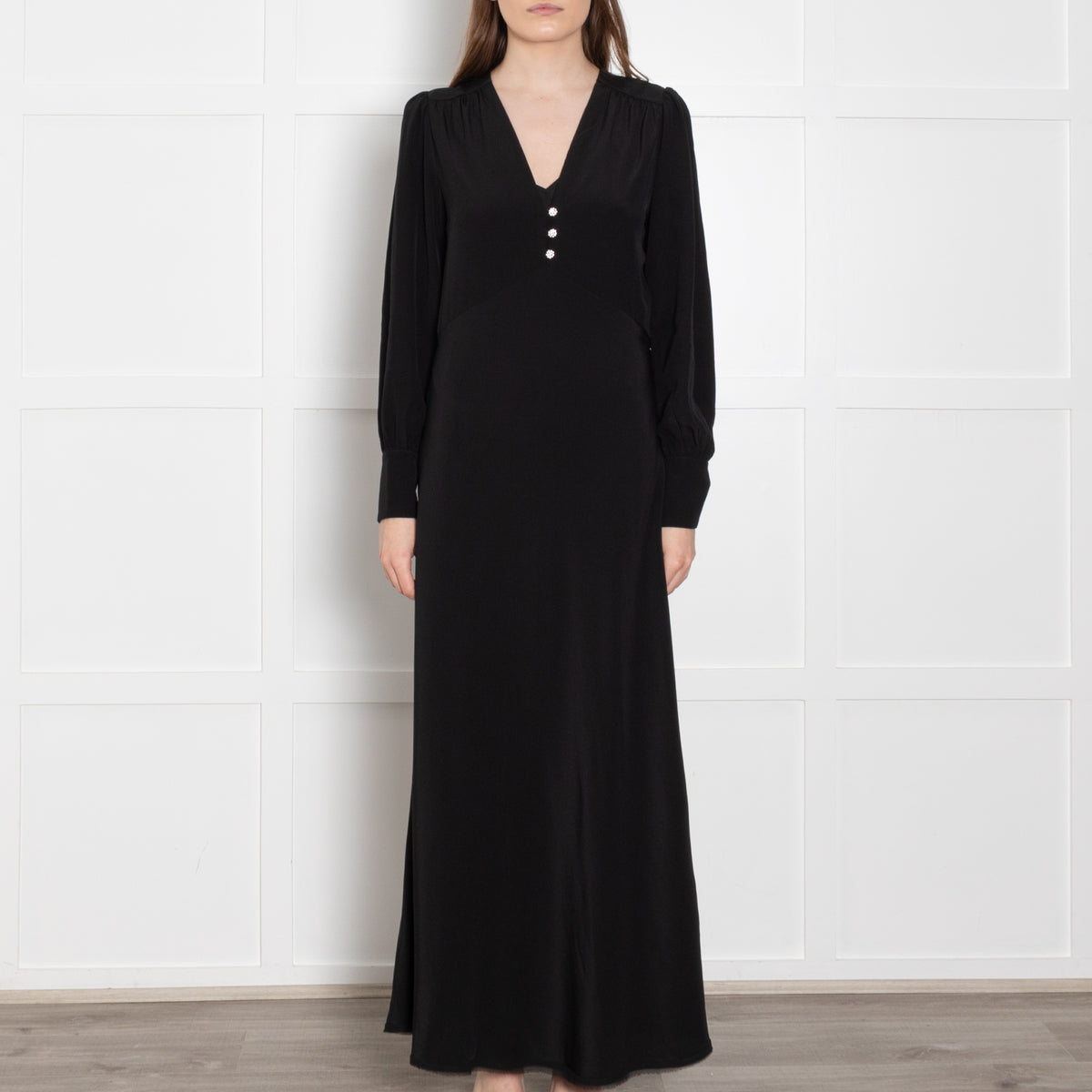 McQ Black Diamante Button Detail Maxi Dress