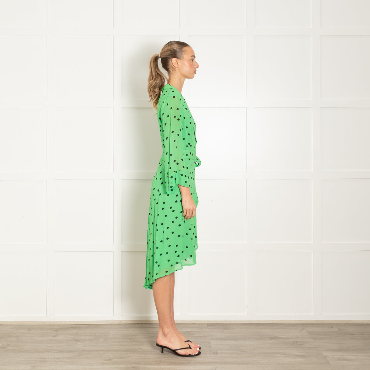 Ganni Green Black Polka Dot Wrap Dress