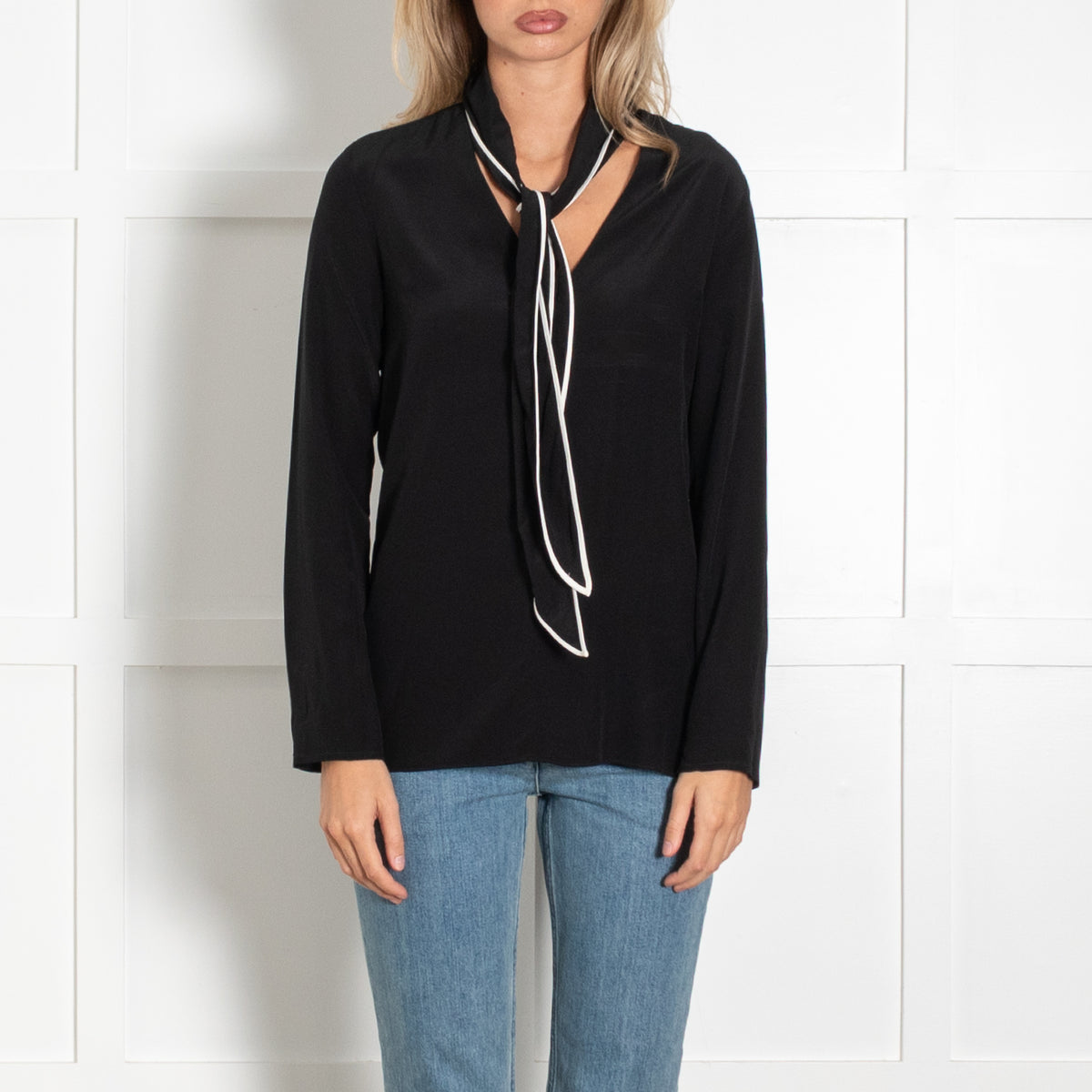 Sandro Black White Trim Tie Neck Silk Top