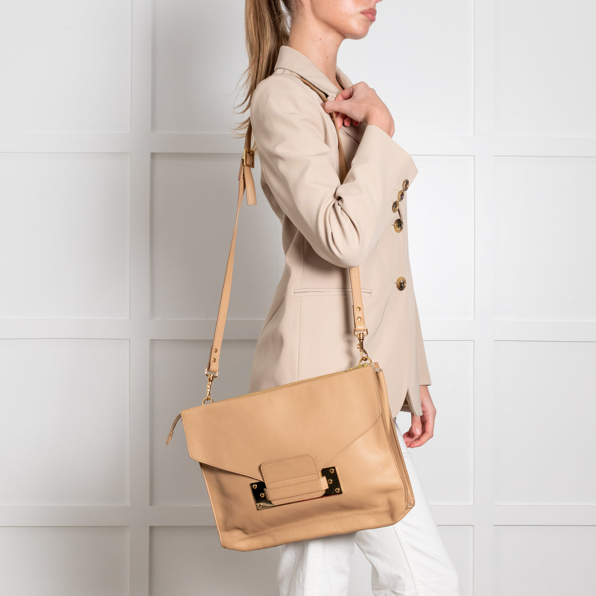 Sophie Hulme Beige Flap Clutch Crossbody Bag