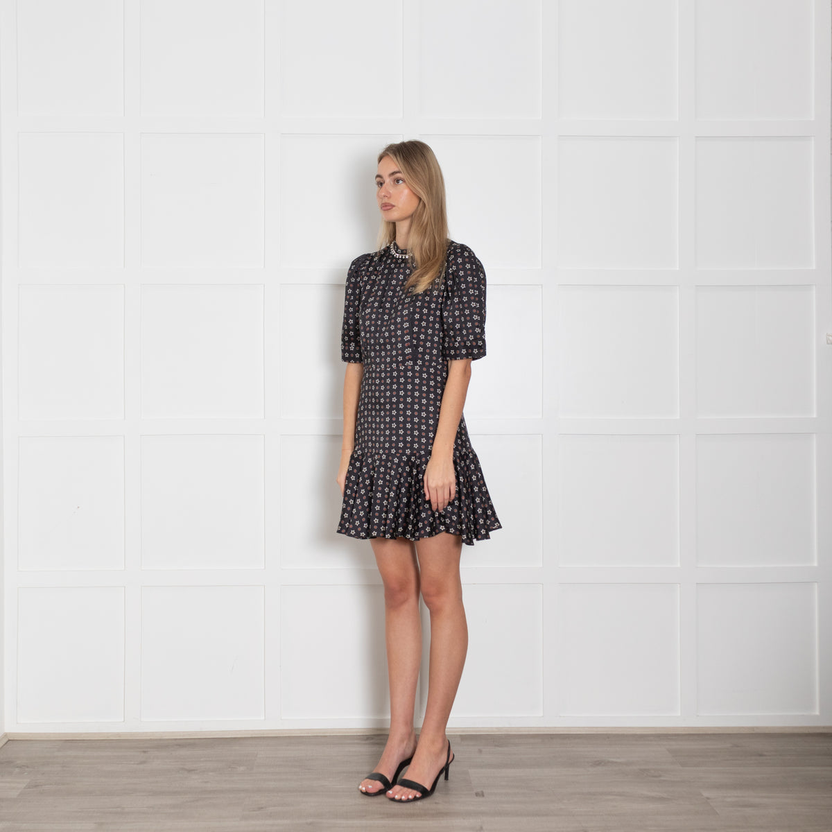 Sandro Black White Stars Print Silver Diamante Neck Detail Midi Dress