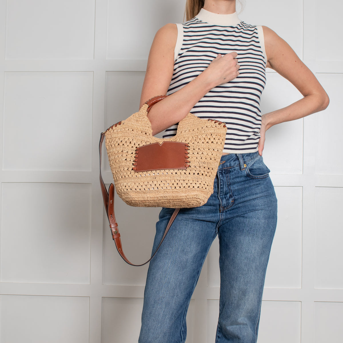 Ba&Sh Brown Ara Raffia Leather Hand Bag
