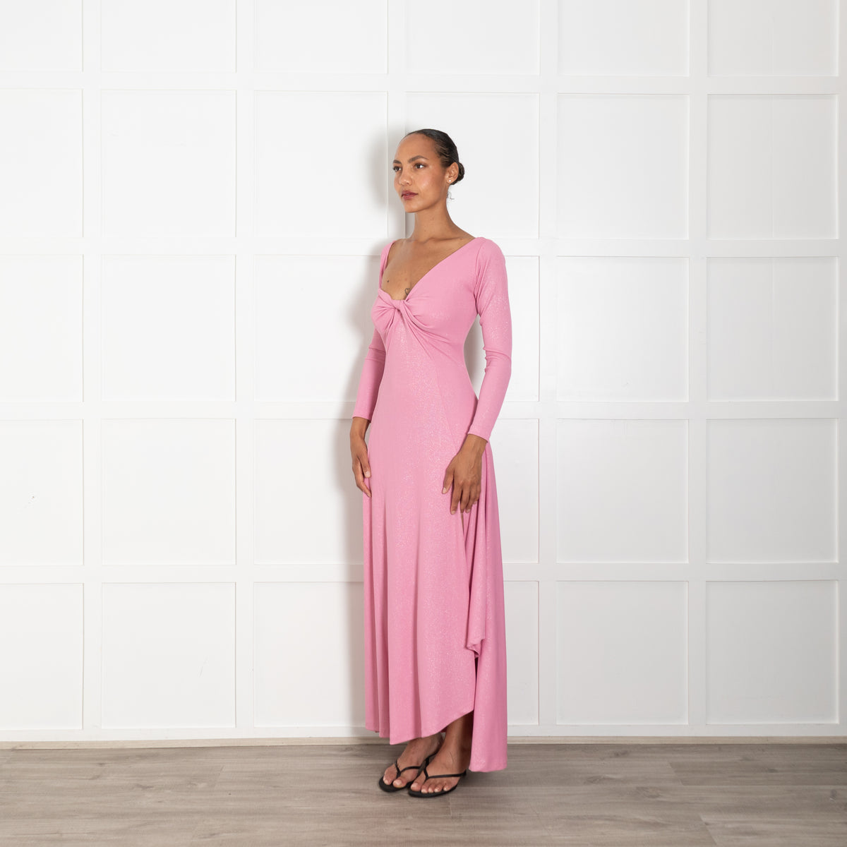 Gul Hurgel Pink Sparkly Maxi, Front Splits,  L/Sleeve Knot Front Dress