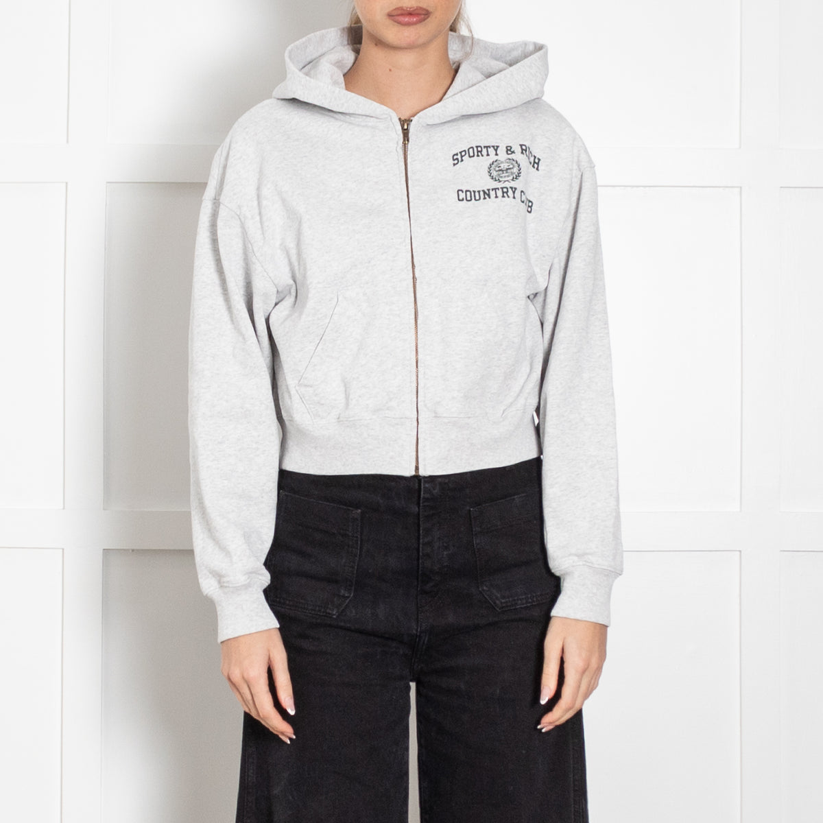 Sporty & Rich Grey Varsity Crest Cropped Zipped Hoodie