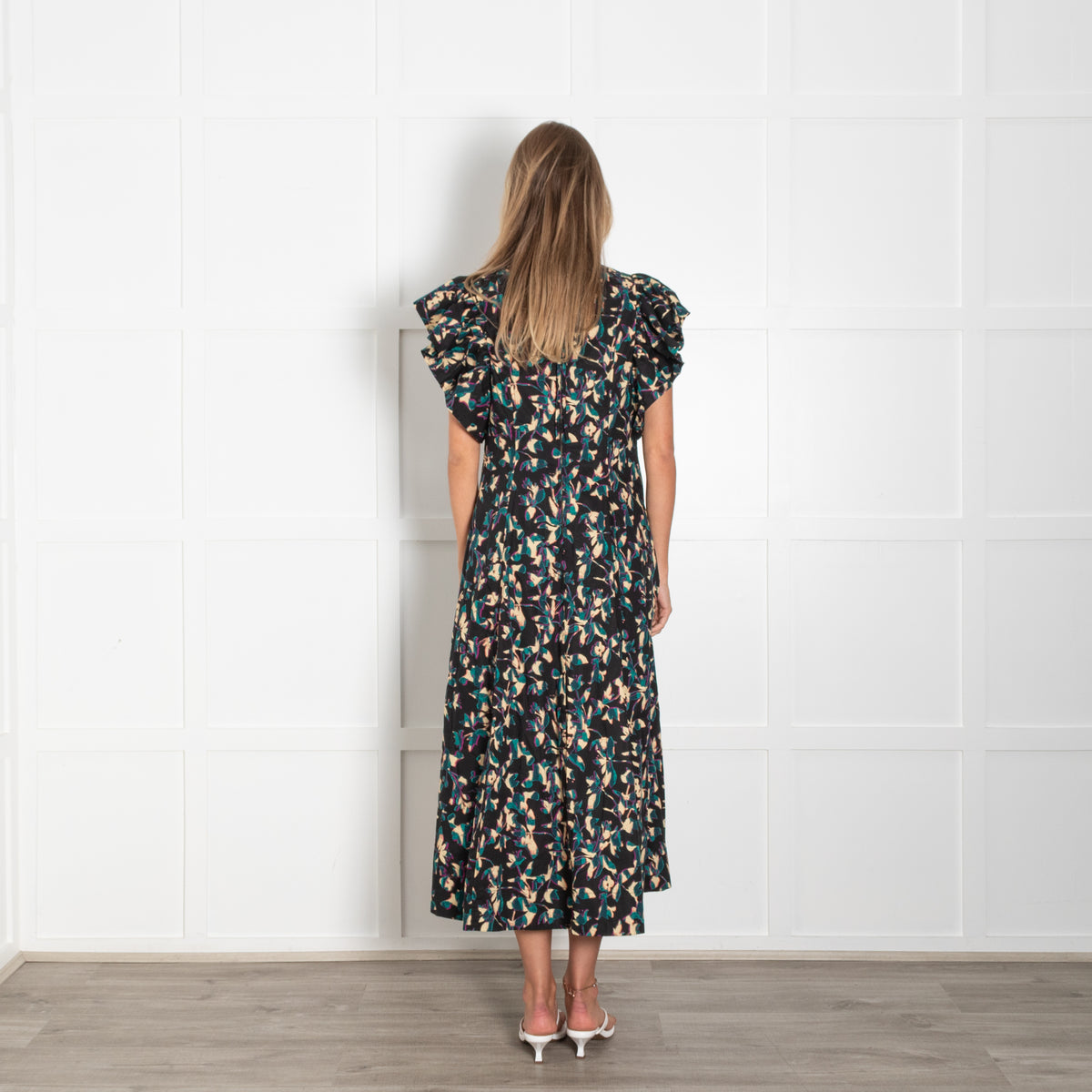 Ulla Johnson Black Beige Teal Floral Frill Trim Maxi Dress