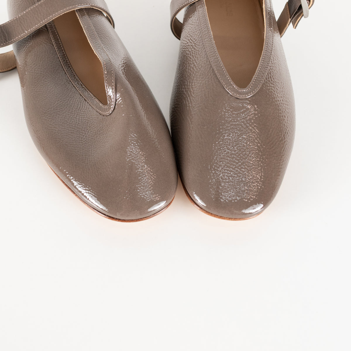 Le Monde Beryl Taupe Patent Leather Stella Slipper With Buckle Strap