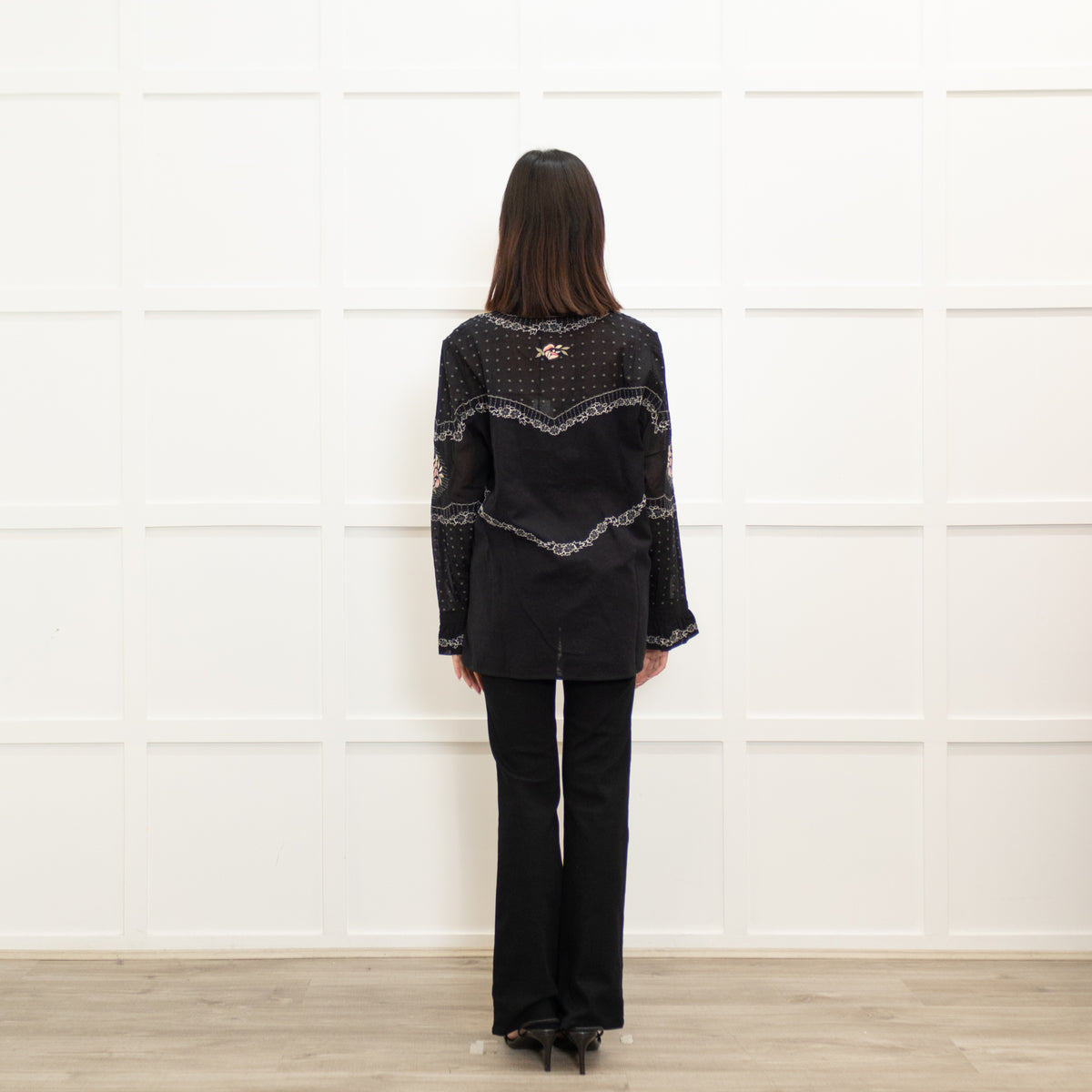 Vilshenko Black Cotton High Neck Blouse with Floral Embroidery