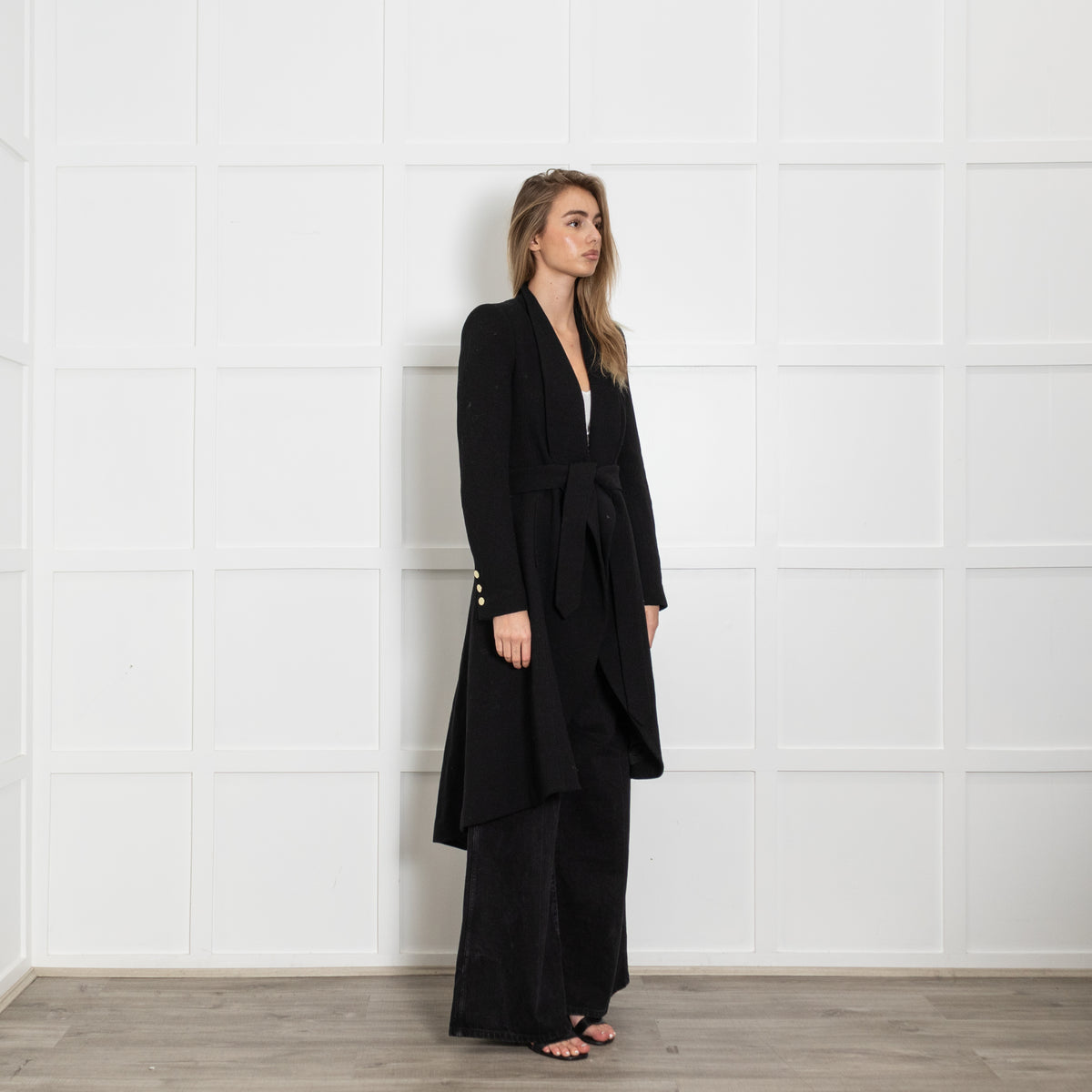 Alice + Olivia Black Wool/Silk Mix Coat With Dropped Back Hem & Belt