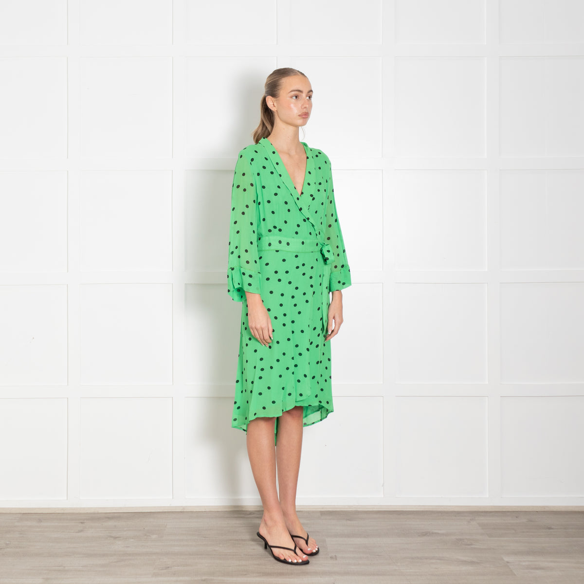 Ganni Green Black Polka Dot Wrap Dress