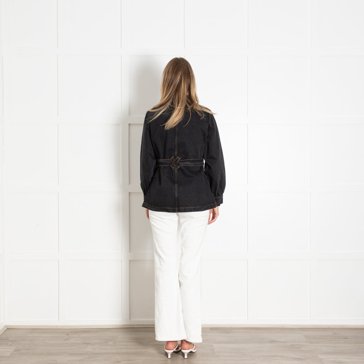 Seventy & Mochi Black Denim Belted Utility Jacket With Chest Patches