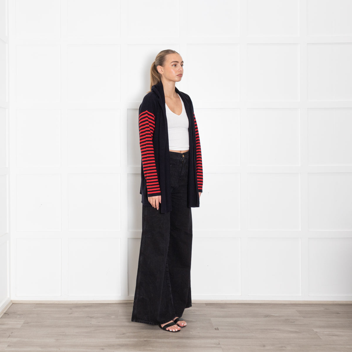 CHINTI & PARKER Navy Blue Cashmere Cardigan With Hood And Red Striped Sleeve