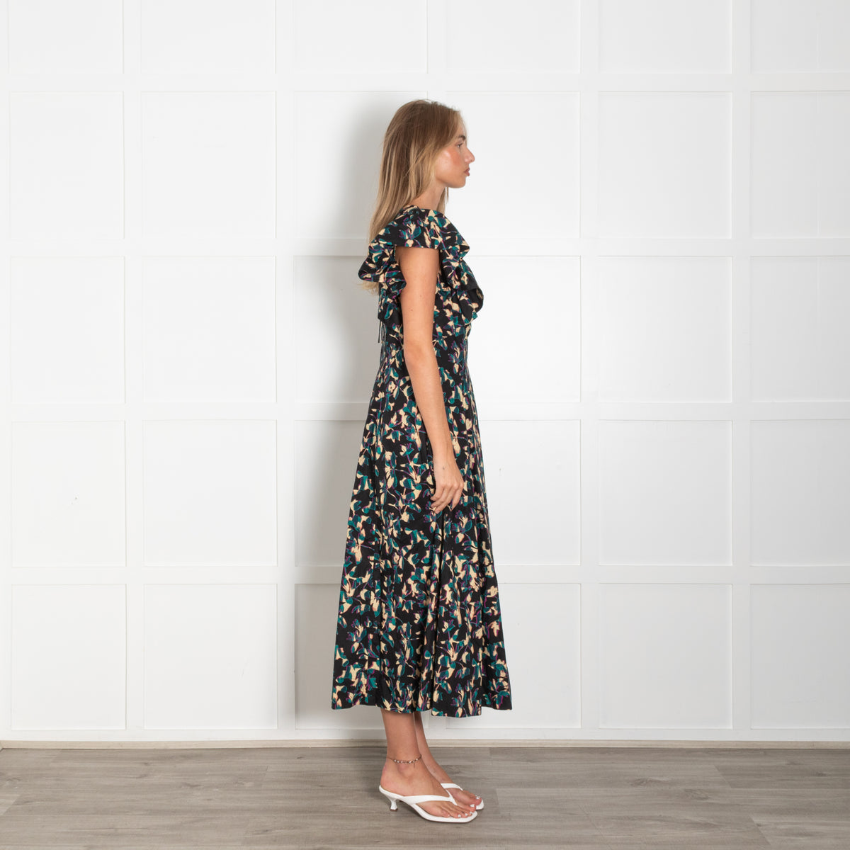 Ulla Johnson Black Beige Teal Floral Frill Trim Maxi Dress