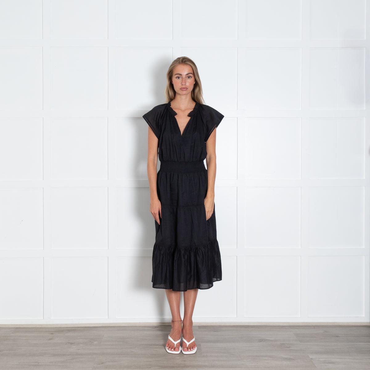 Rails Black Cinch Waist V Neck Tiered Dress