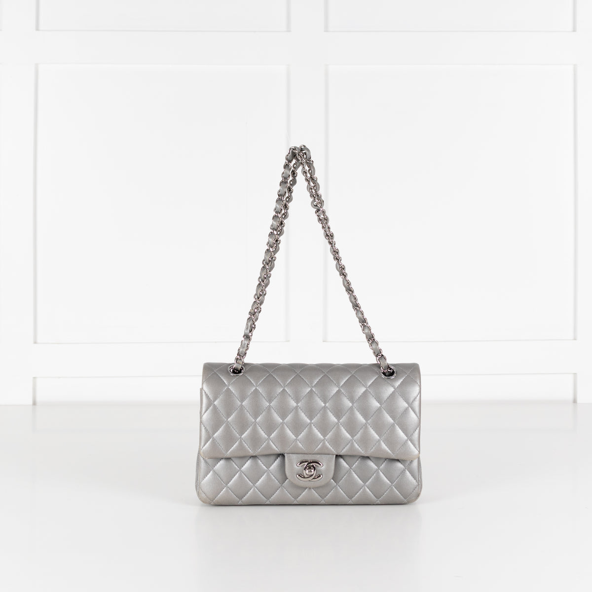 Chanel Quilted Silver Lambskin Medium Classic Flap