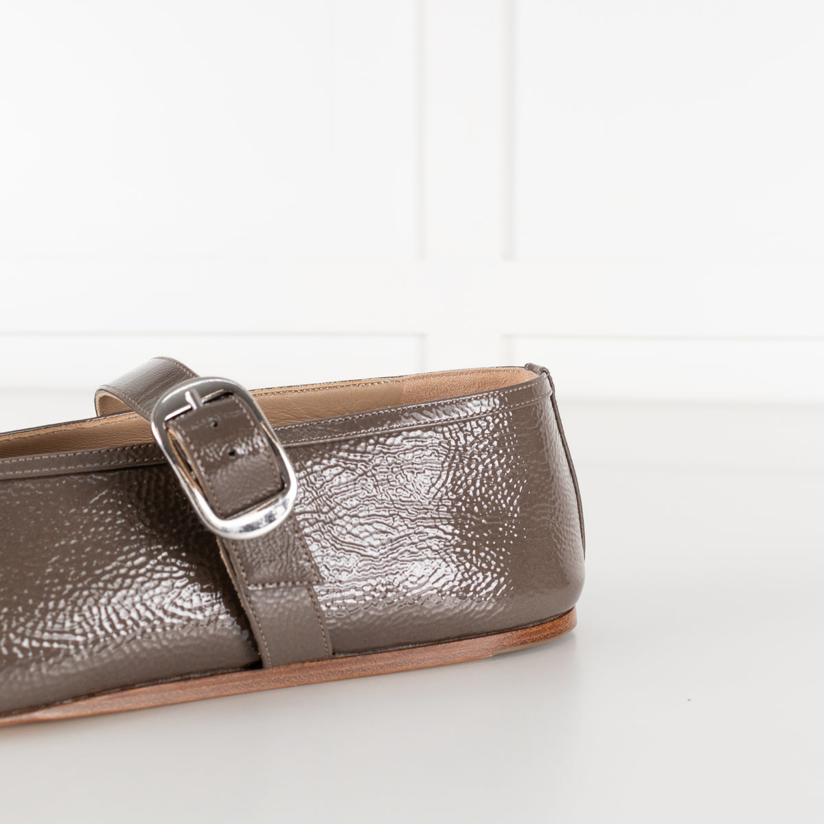 Le Monde Beryl Taupe Patent Leather Stella Slipper With Buckle Strap