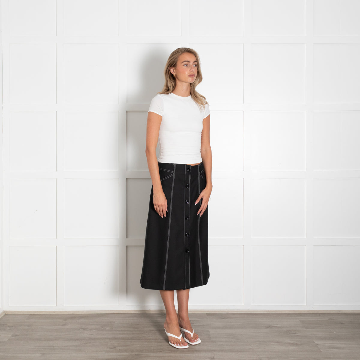 Dorothy Schumacher Black A Line Button Front Skirt With White Stitching
