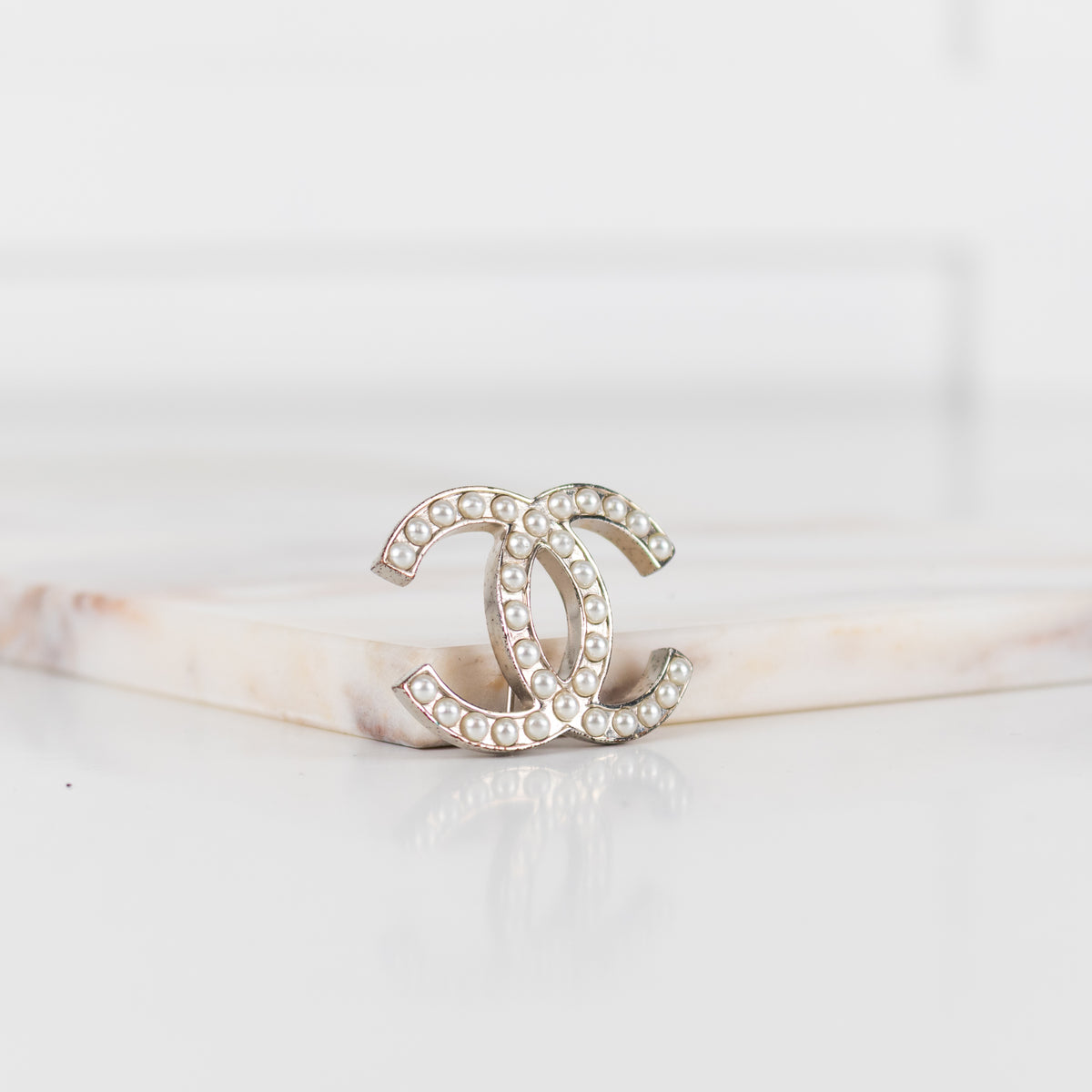 Chanel Silver Faux Pearl CC Brooch