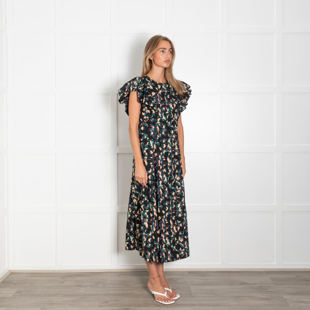 Ulla Johnson Black Beige Teal Floral Frill Trim Maxi Dress