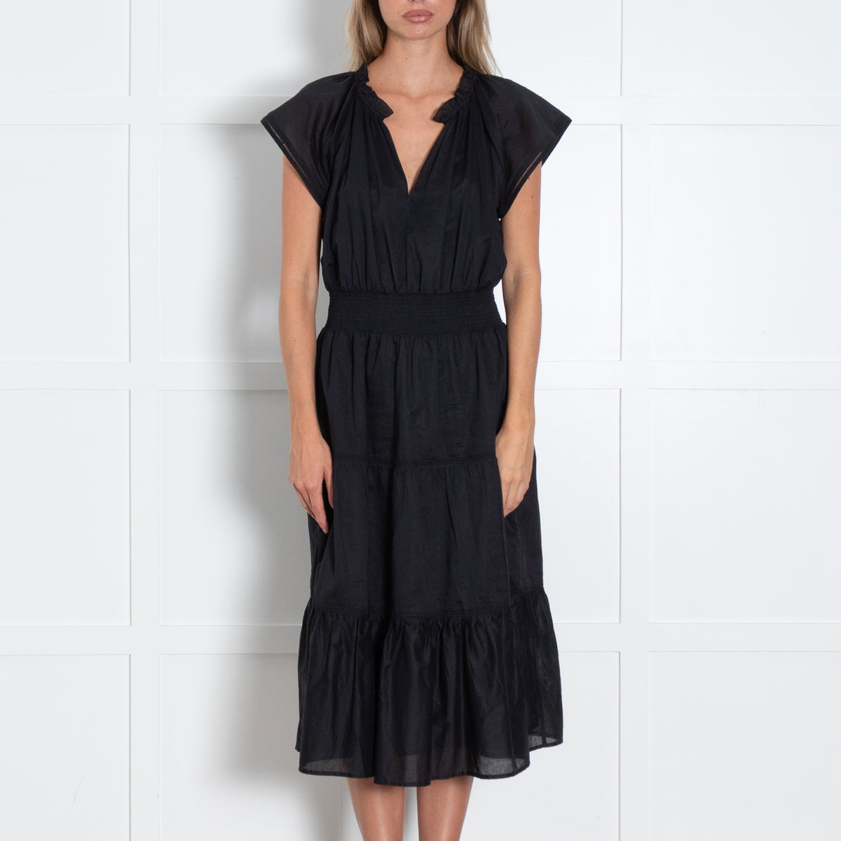 Rails Black Cinch Waist V Neck Tiered Dress