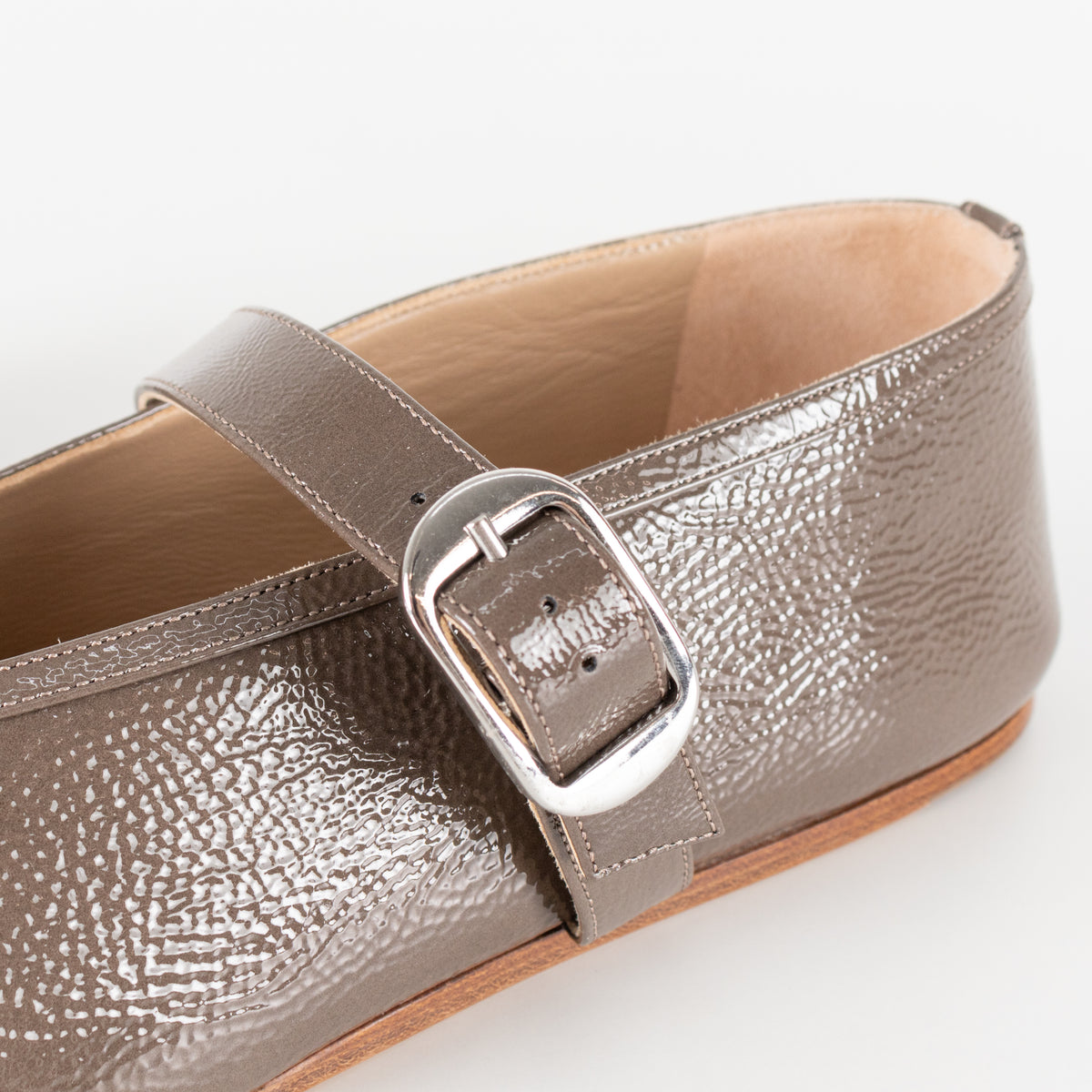Le Monde Beryl Taupe Patent Leather Stella Slipper With Buckle Strap