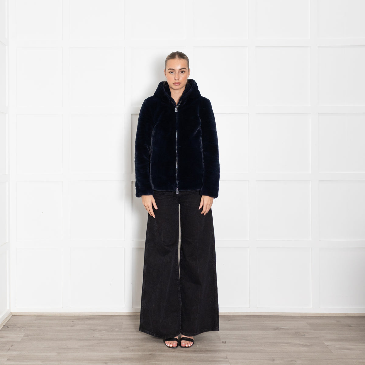 Oakwood Navy Blue Faux Fur Hooded Jacket