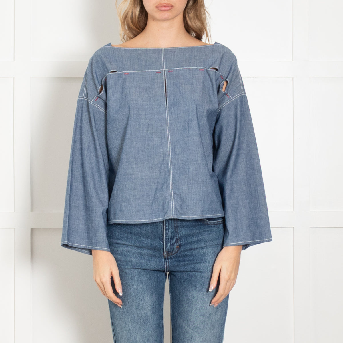 Marni Blue Light Denim Red Stitch Boat Neck Top