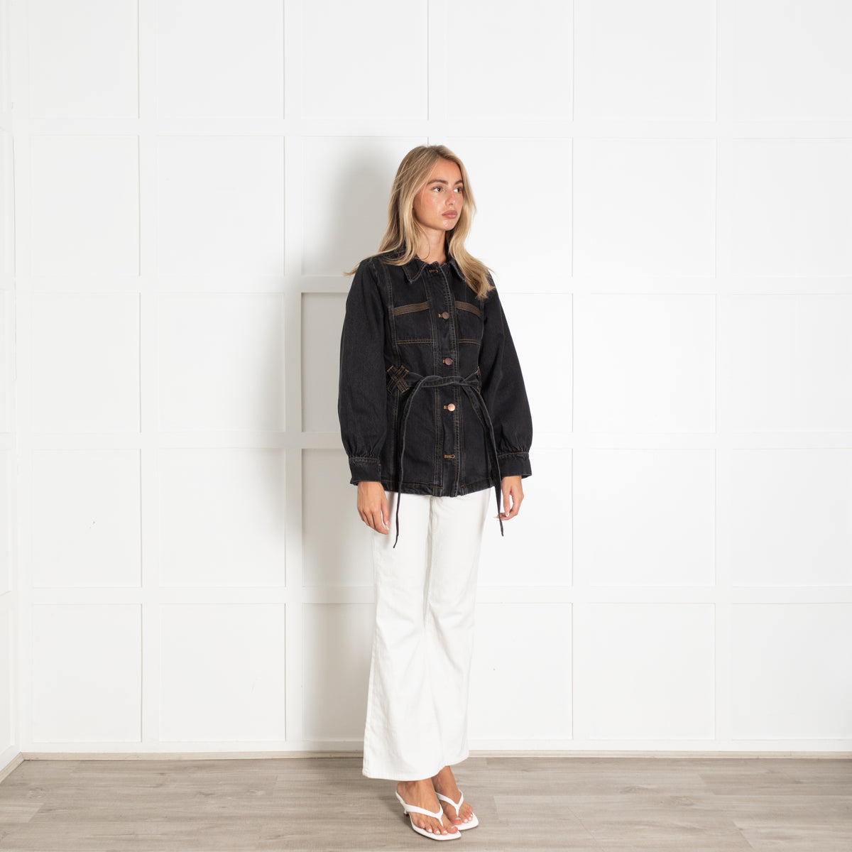Seventy & Mochi Black Denim Belted Utility Jacket With Chest Patches