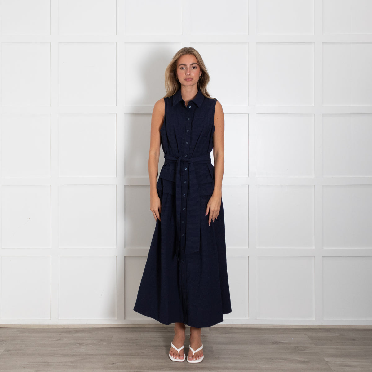Me + Em Navy Sleeveless Textured Dress With Dropped Waist And Belt