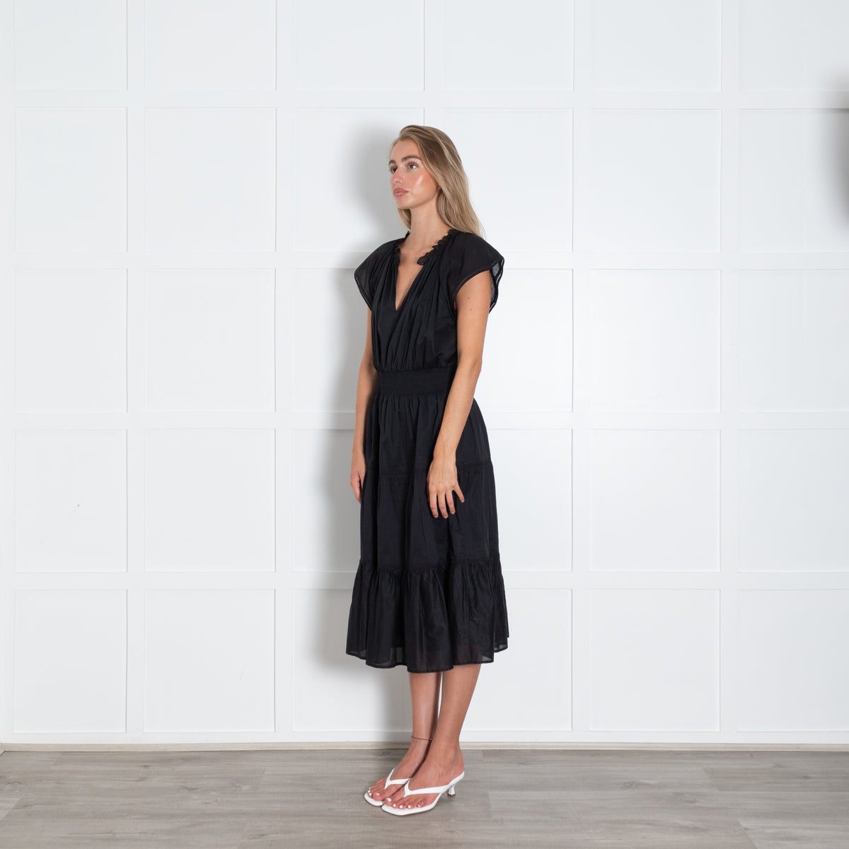 Rails Black Cinch Waist V Neck Tiered Dress