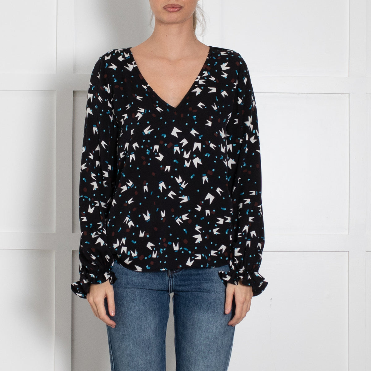 DVF Black White Blue Print Silk Top