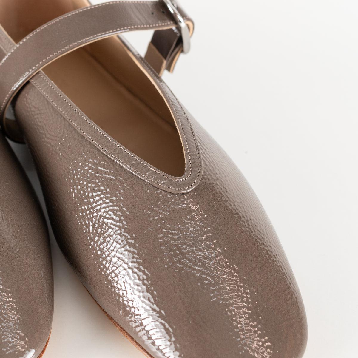Le Monde Beryl Taupe Patent Leather Stella Slipper With Buckle Strap