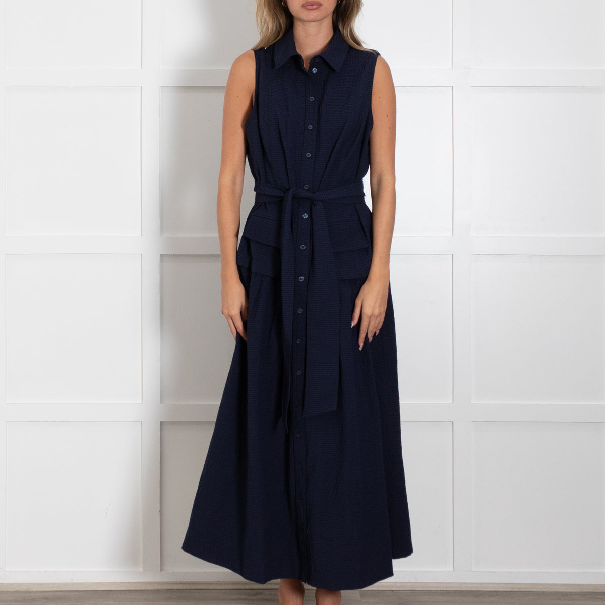 Me + Em Navy Sleeveless Textured Dress With Dropped Waist And Belt