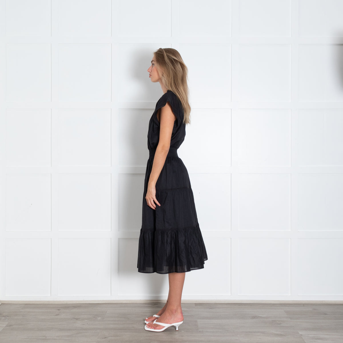 Rails Black Cinch Waist V Neck Tiered Dress