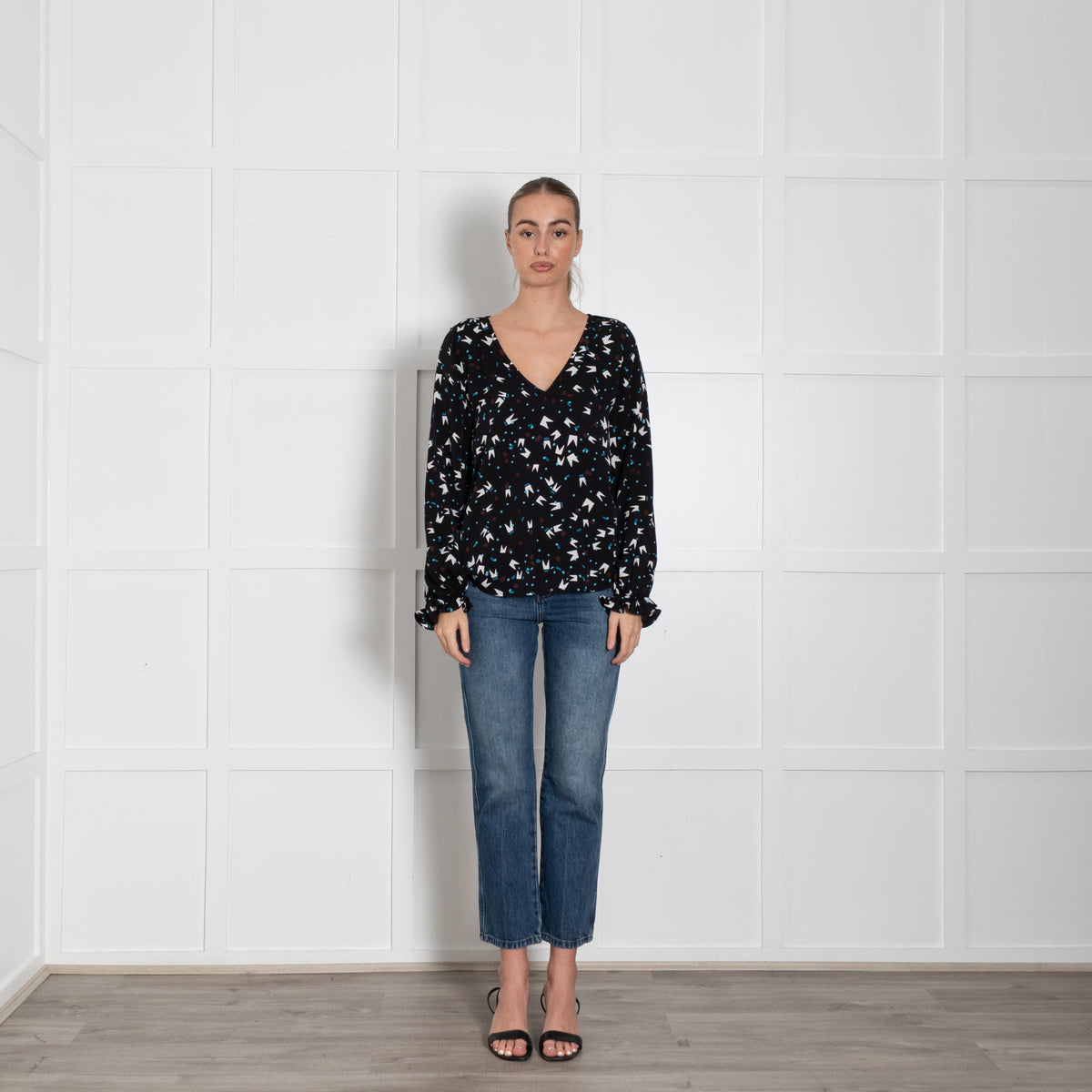 DVF Black White Blue Print Silk Top