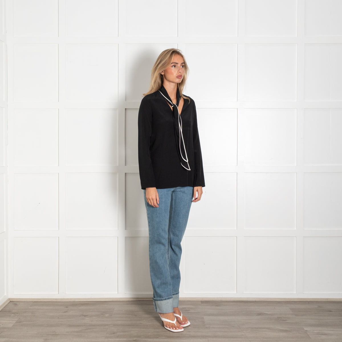 Sandro Black White Trim Tie Neck Silk Top