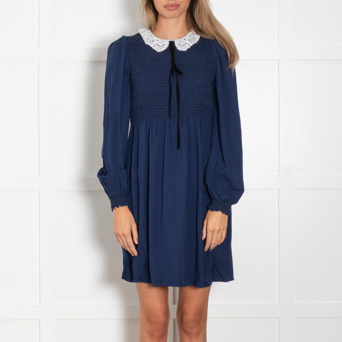 Maje Navy Smock Style Lace Collar Dress