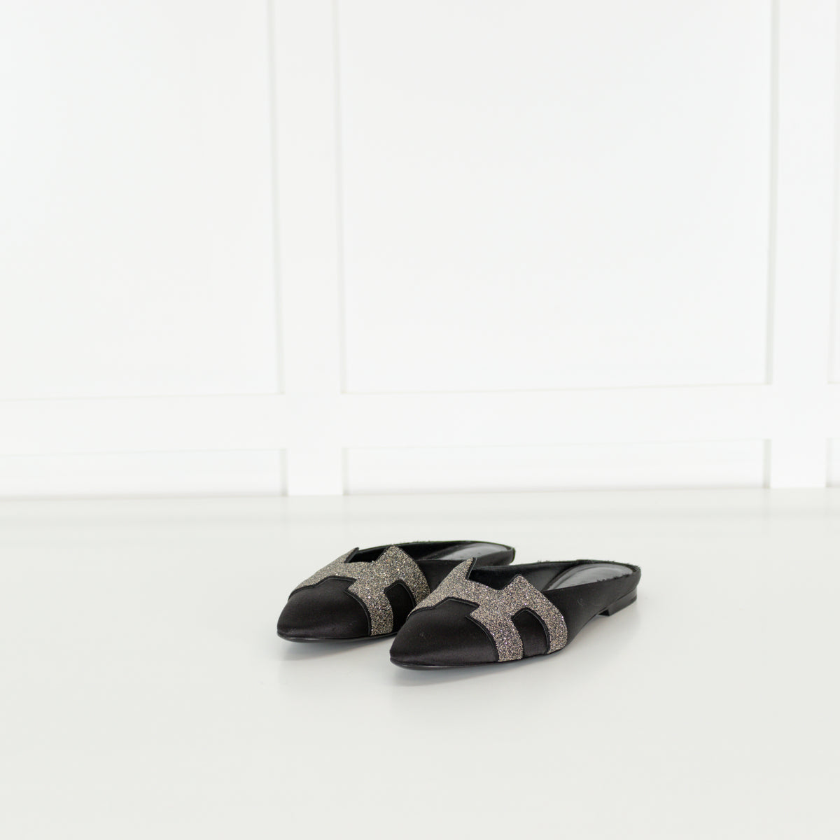 Hermes Black Roxanne Crystal Logo Mules