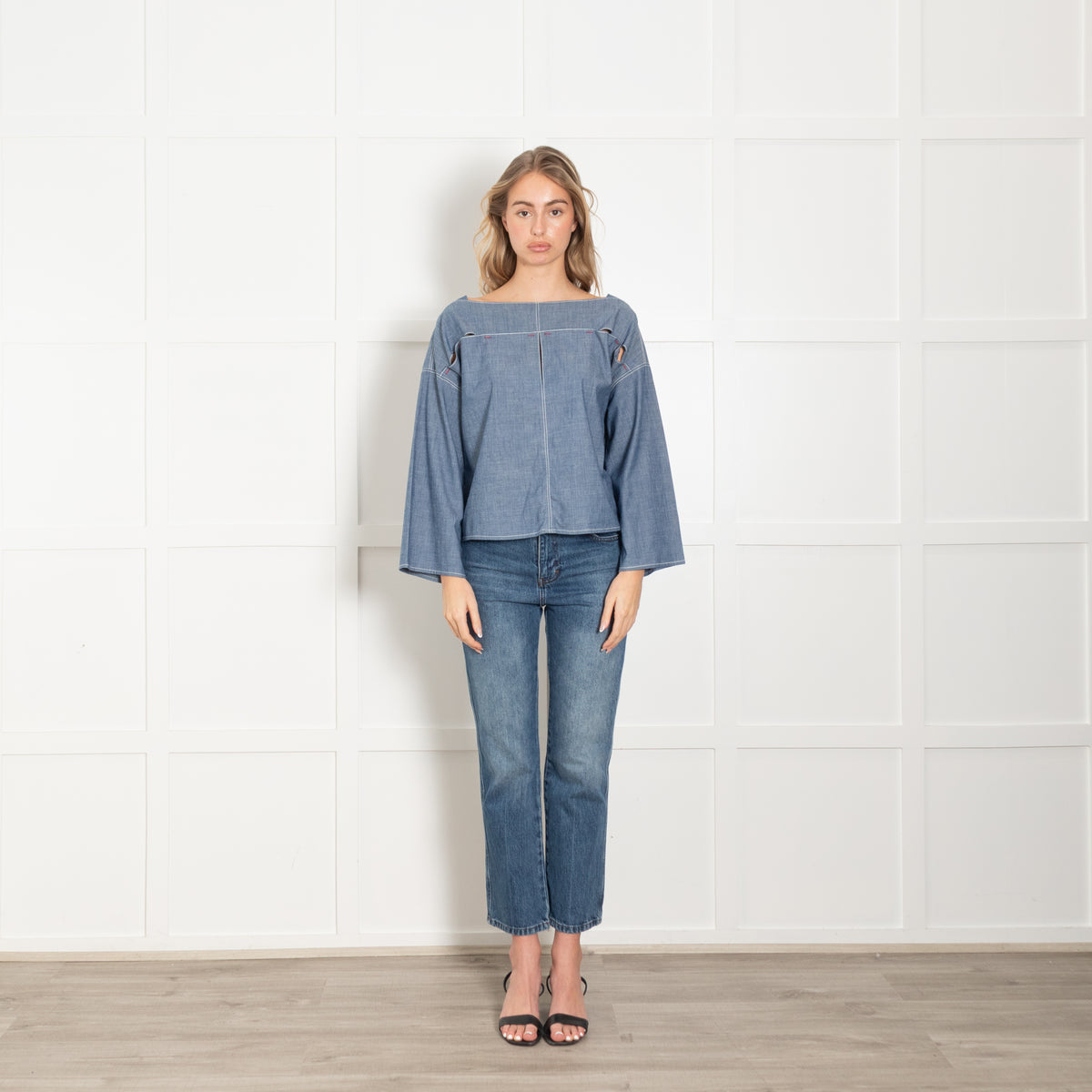 Marni Blue Light Denim Red Stitch Boat Neck Top