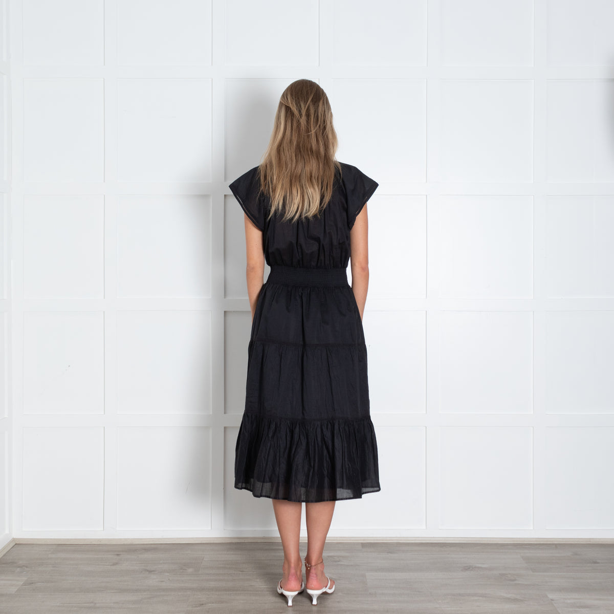 Rails Black Cinch Waist V Neck Tiered Dress